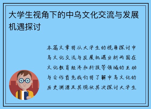 大学生视角下的中乌文化交流与发展机遇探讨